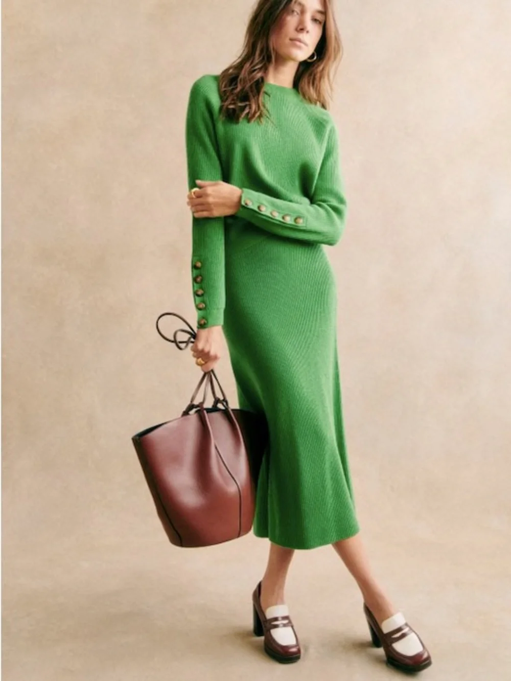 SEZANE Kelly Green Ribbed Knit Midi Naelle Skirt